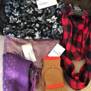 Three infinity Scarfs, mittens, socks
